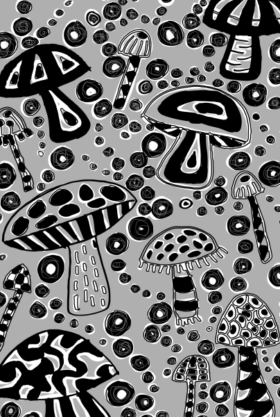 Mushrooms_Surface_Pattern_Greyscale_Hand_Drawn_Digital_Vector_Illustration