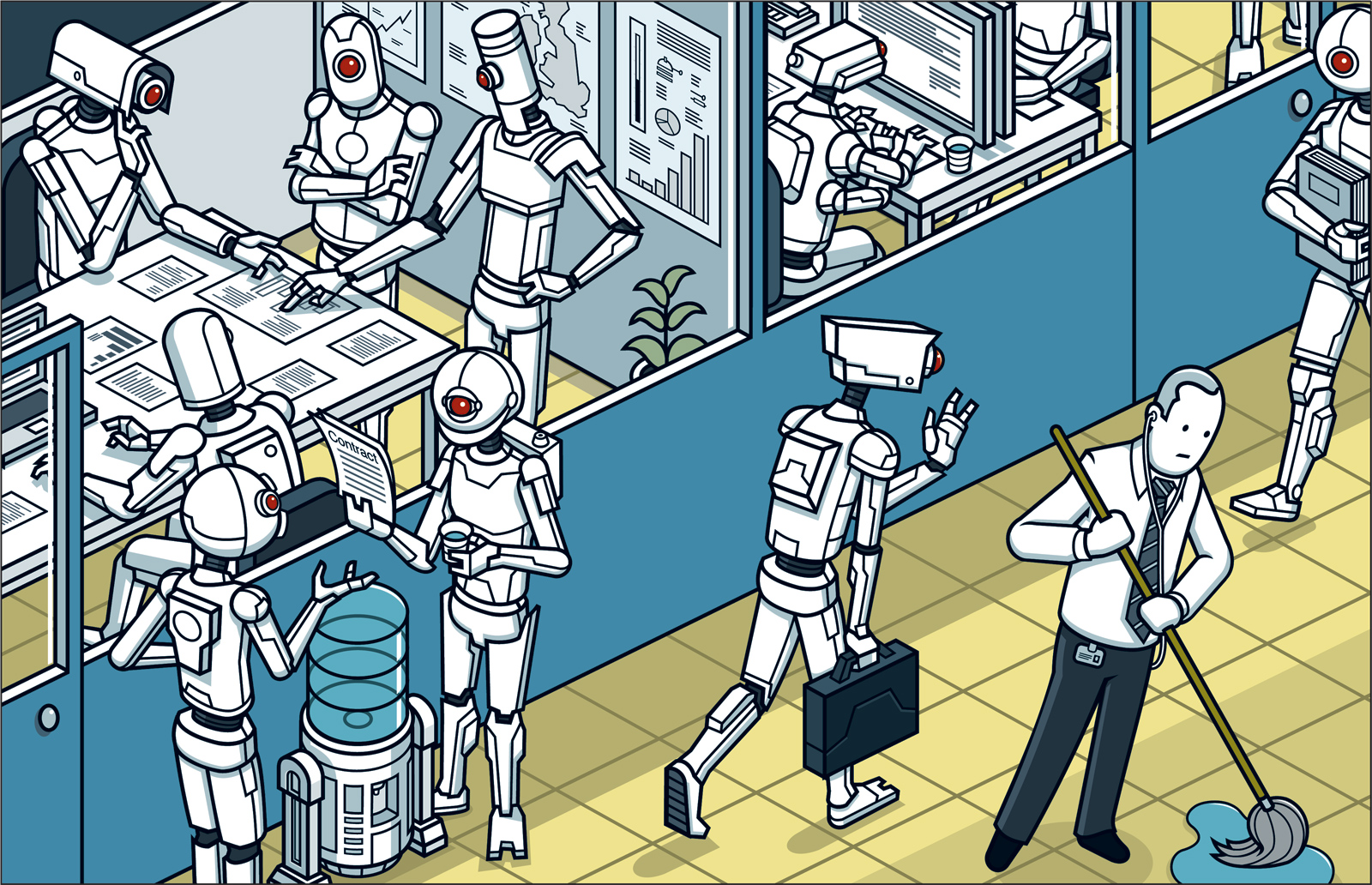 В будущем люди не будут работать. Роботы заменят людей. Роботы в будущем. Робот работник. Робот с искусственным интеллектом.